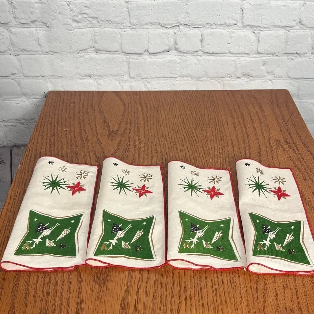 Antique Festive MCM Holiday Napkins set of 4 Red, Green, Gold in retro designs